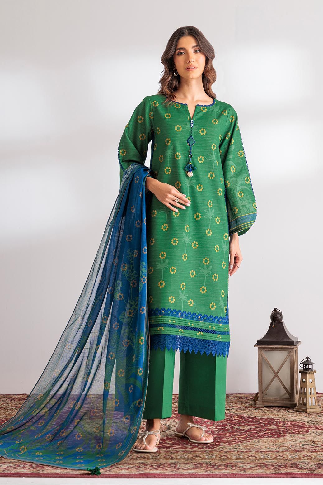 Textured Cambric Green Unstitched Suit - Bonanza