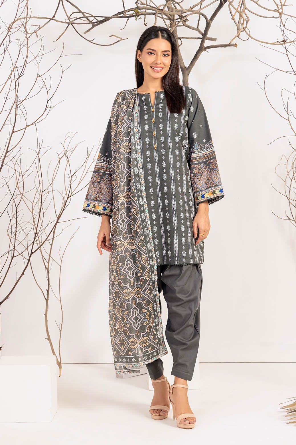 Textured Cambric Grey Unstitched Suit - Bonanza