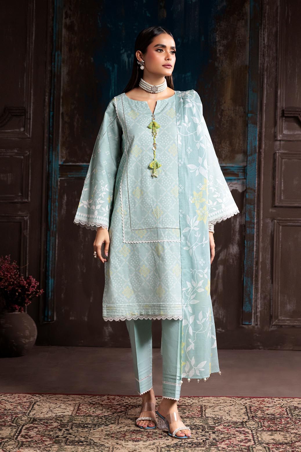 Textured Cambric Ferozi Unstitched Suit - Bonanza