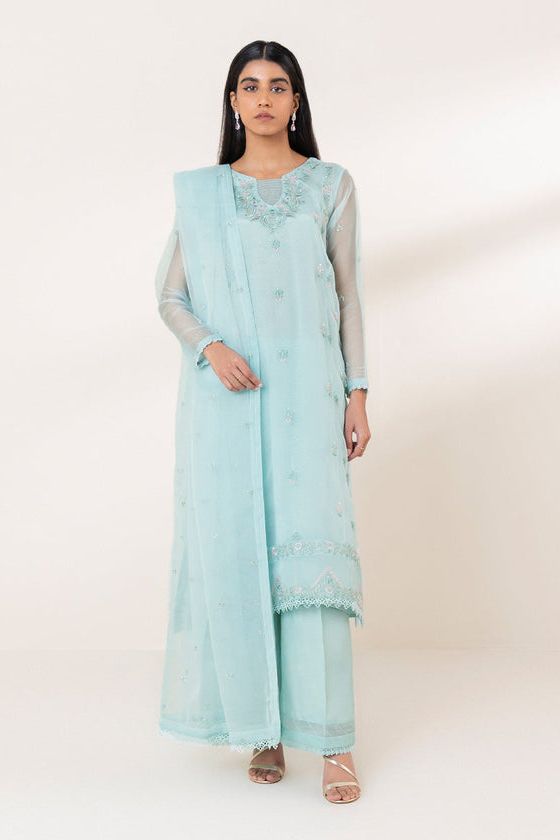 Embroidered Organza Sky Blue 3 Piece Suit - Sapphire