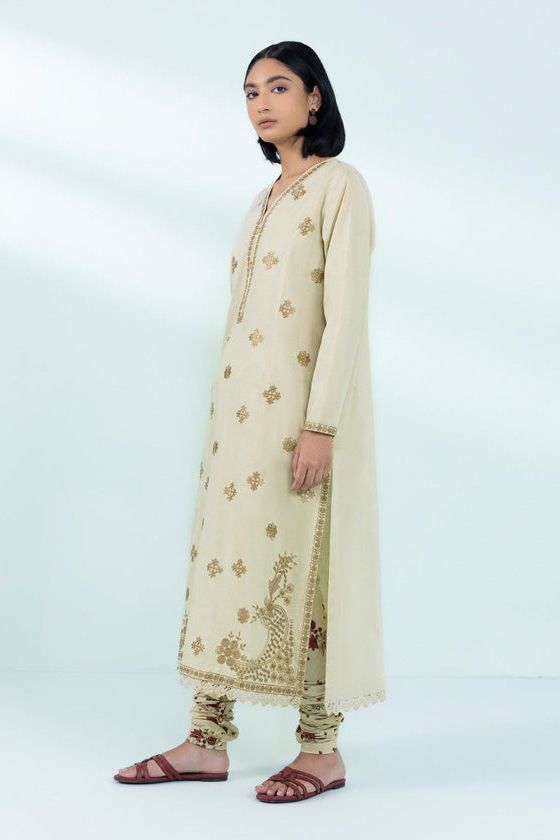 Embroidered Cotton Jacquard Beige Stitched Suit - Sapphire