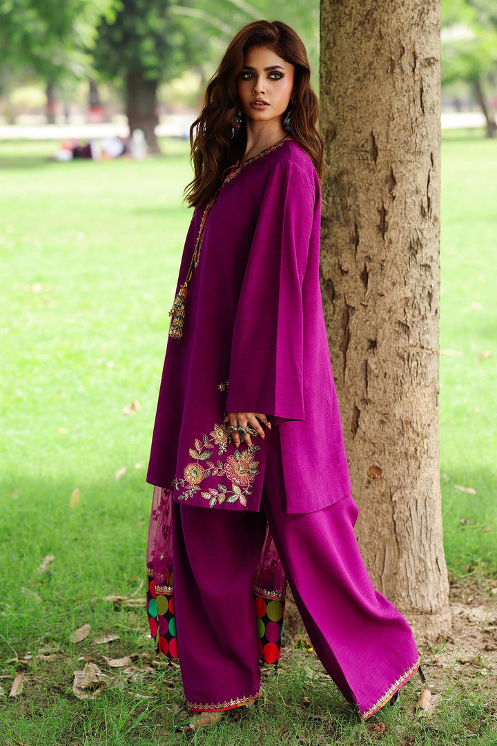 Embroidered Raw Silk Purple Stitched Suit - Charizma