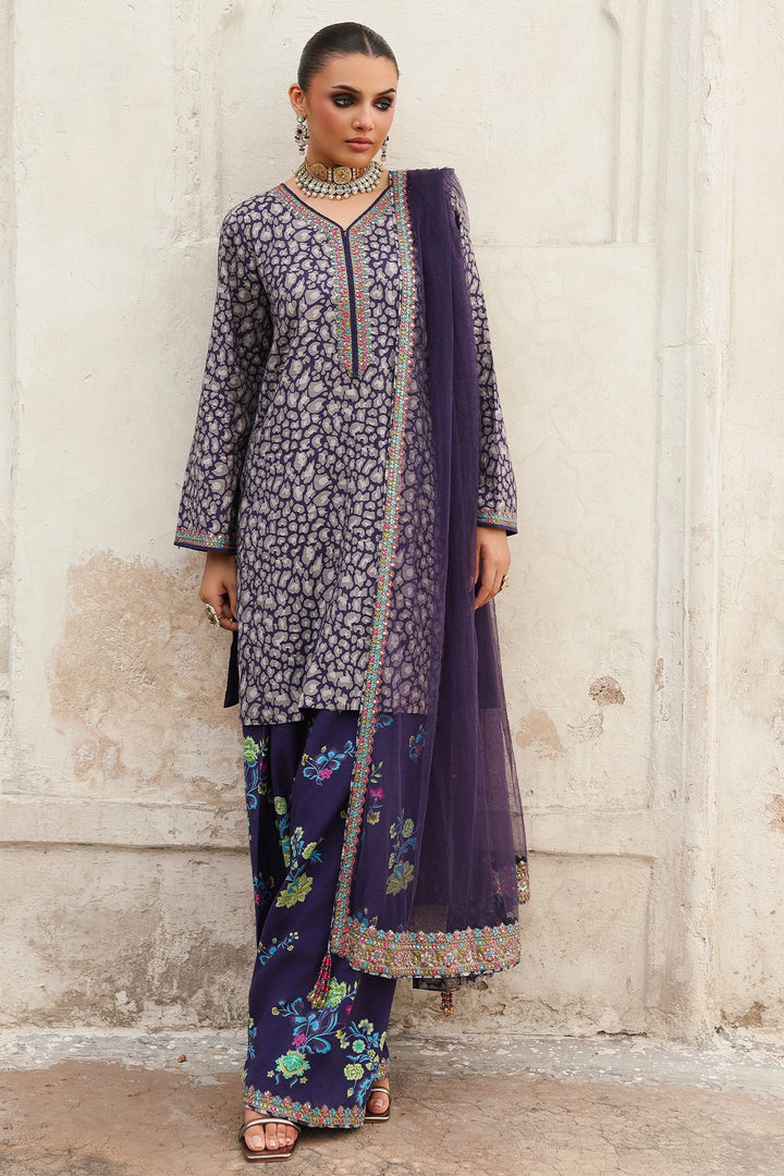 Embroidered Raw Silk Purple Stitched Suit - Charizma