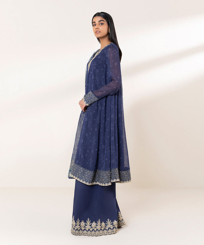 Embroidered Chiffon Blue 3 Piece Suit - Sapphire