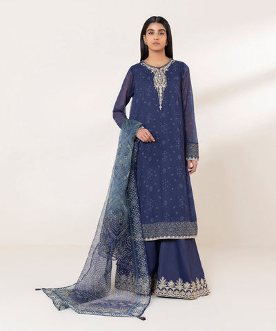 Embroidered Chiffon Blue 3 Piece Suit - Sapphire