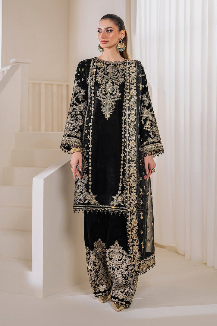 Embroidered Velvet Black Stitched Suit - Baroque