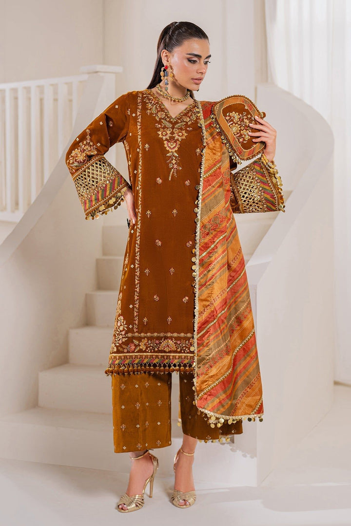 Embroidered Velvet Mustard Stitched Suit - Baroque