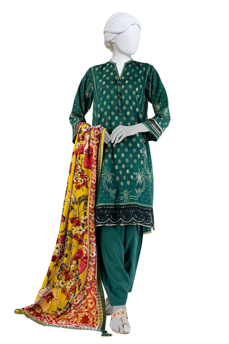 Jacquard Green Unstitched Suit - J. Junaid Jamshed