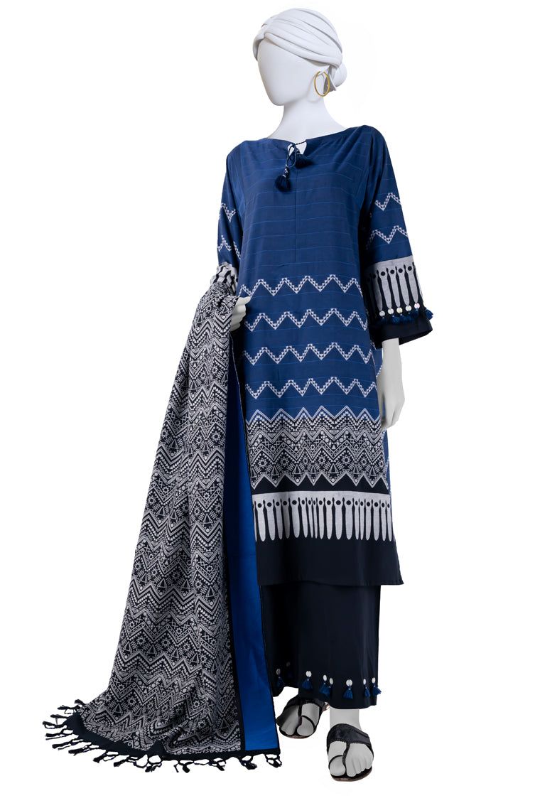 Yar Dyed Jacquard Blue Unstitched Suit - J. Junaid Jamshed