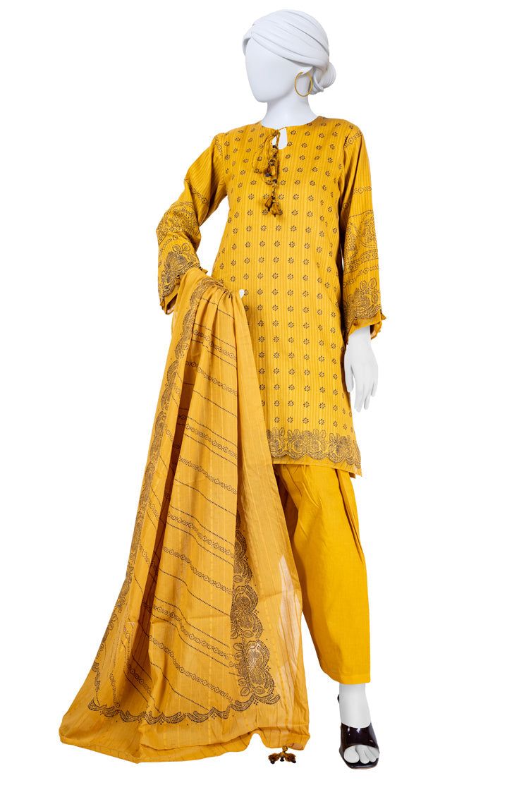 Jacquard Yellow Unstitched Suit - J. Junaid Jamshed