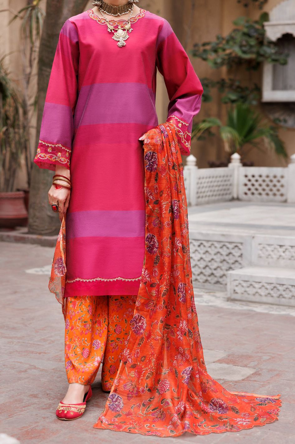 Yarn Dyed Fuchsia Unstitched Suit - Almirah