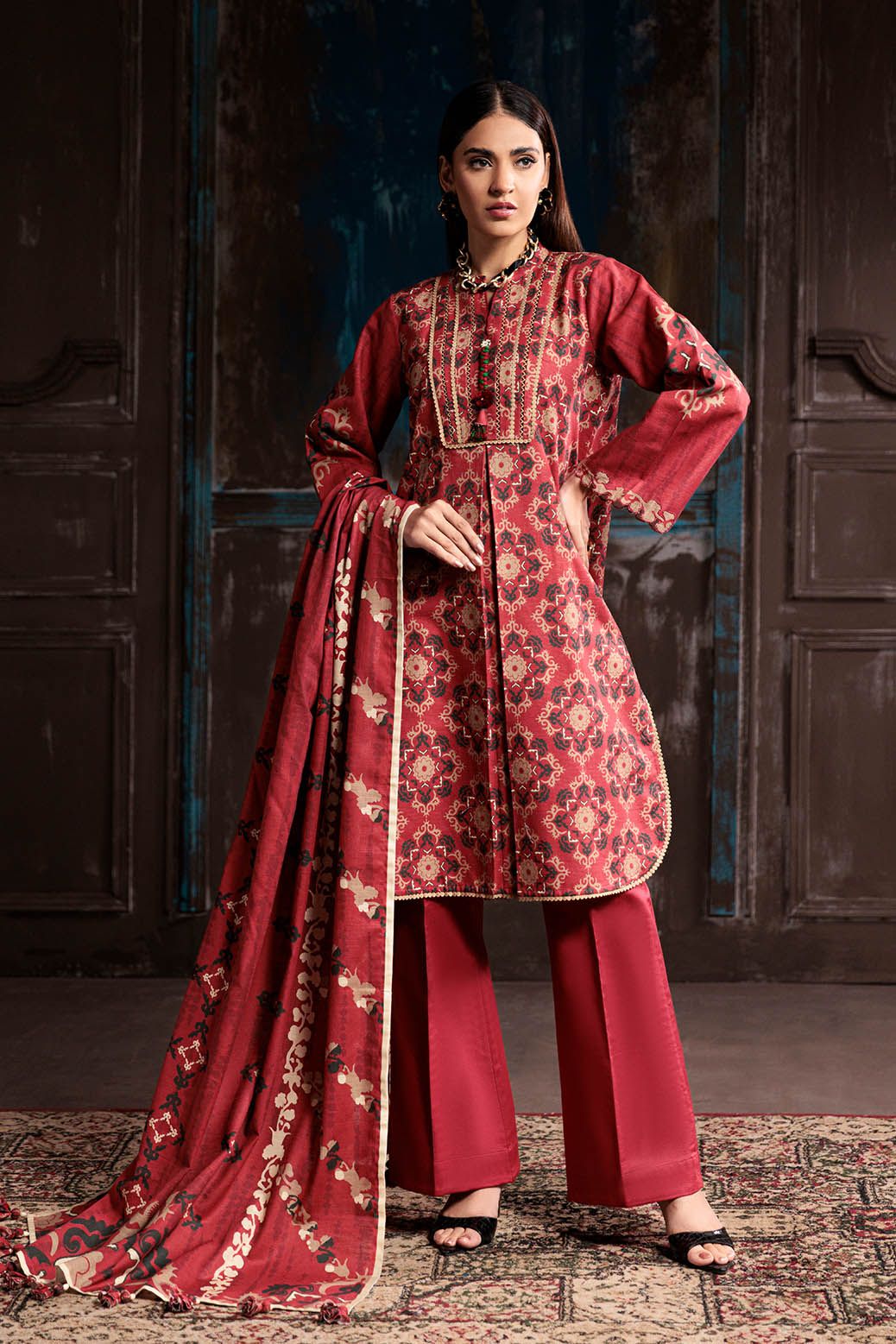 Khaddar Red Unstitched Suit - Bonanza