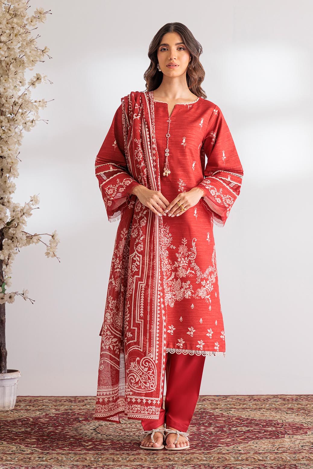 Textured Cambric Red Unstitched Suit - Bonanza