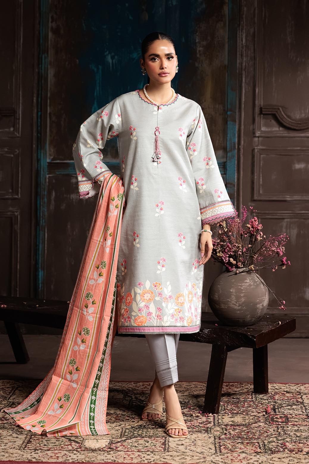 Textured Cambric Grey Unstitched Suit - Bonanza