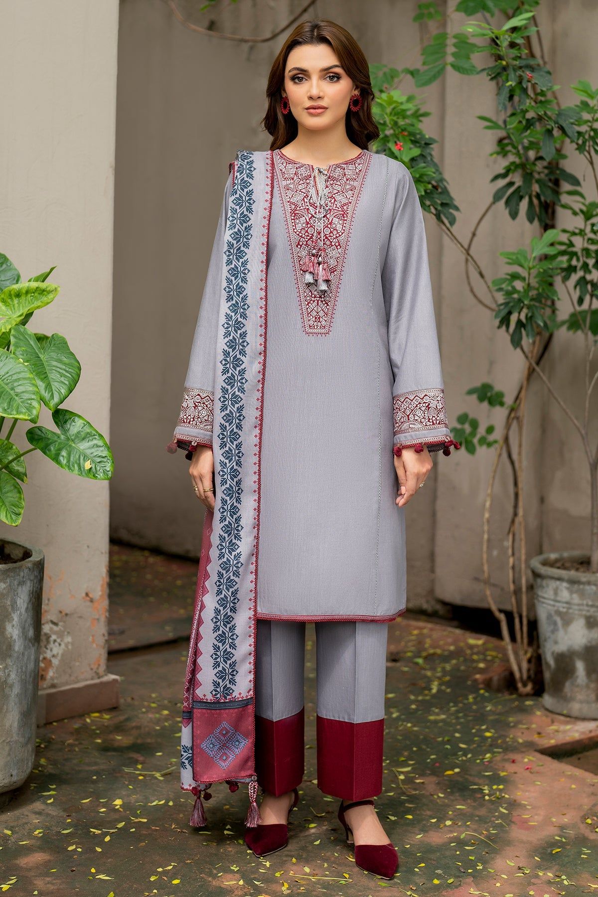 Embroidered Khaddar Grey Red Stitched Suit Jazmin