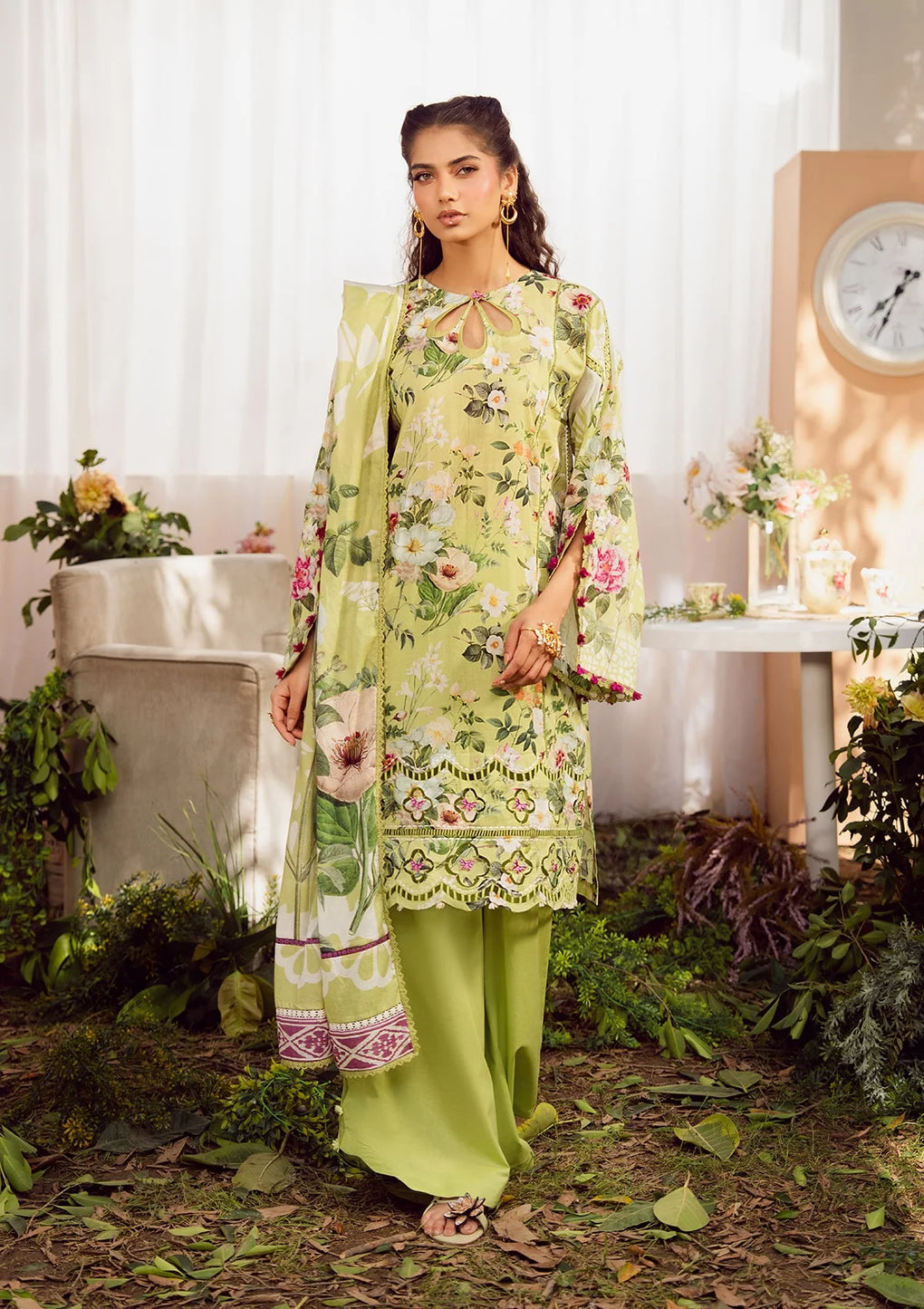 Lawn Parrot Green Stitched Suit - Elaf  Janan