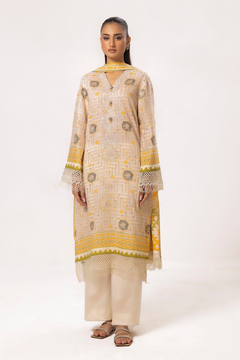 Printed Lawn Cream Unstitched Suit - Gul Ahmed
