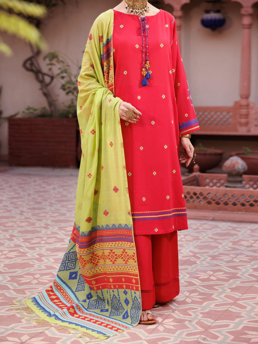 Yarn Dyed Red Unstitched Suit - Almirah