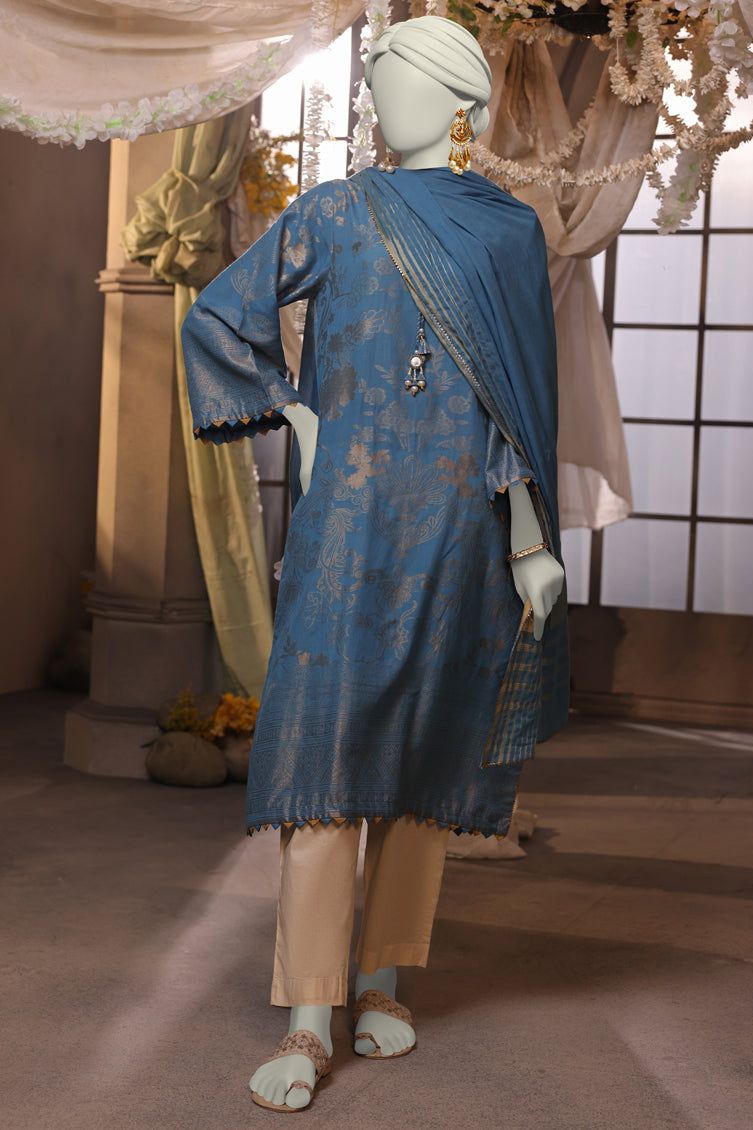Jacquard Blue Unstitched Suit - J. Junaid Jamshed