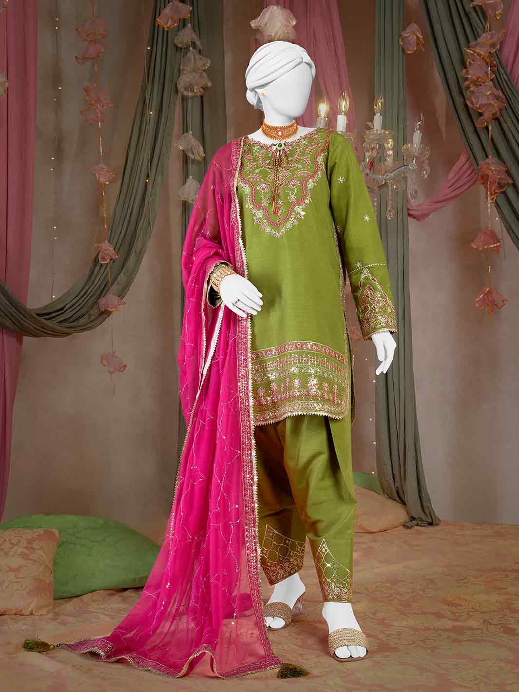 Raw Silk Parrot Green Unstitched Suit - J. Junaid Jamshed