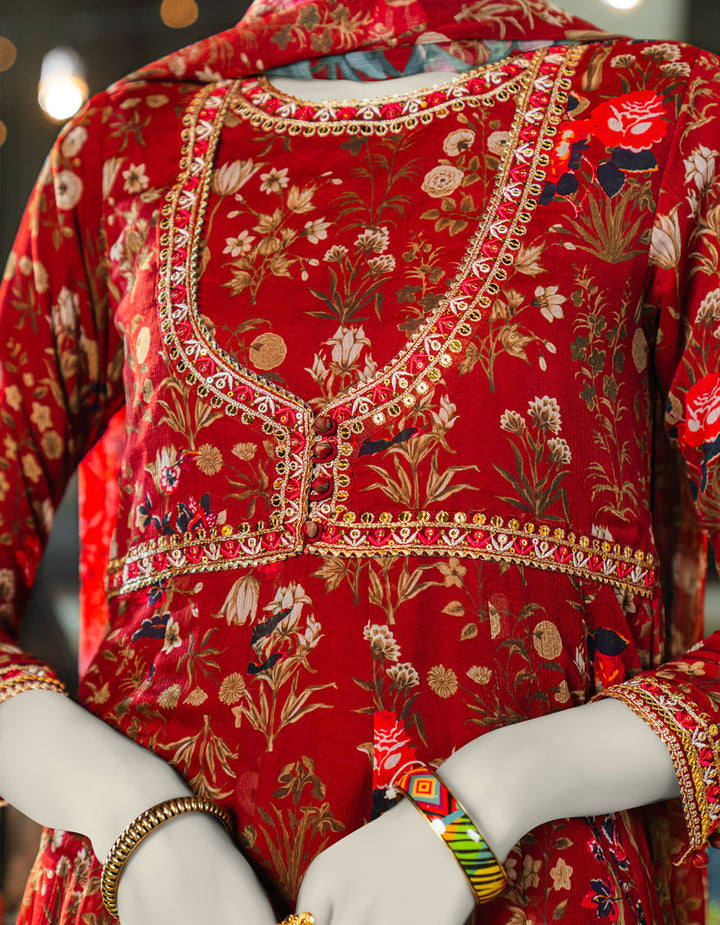 Chiffon Red Stitched Suit - J. Junaid Jamshed