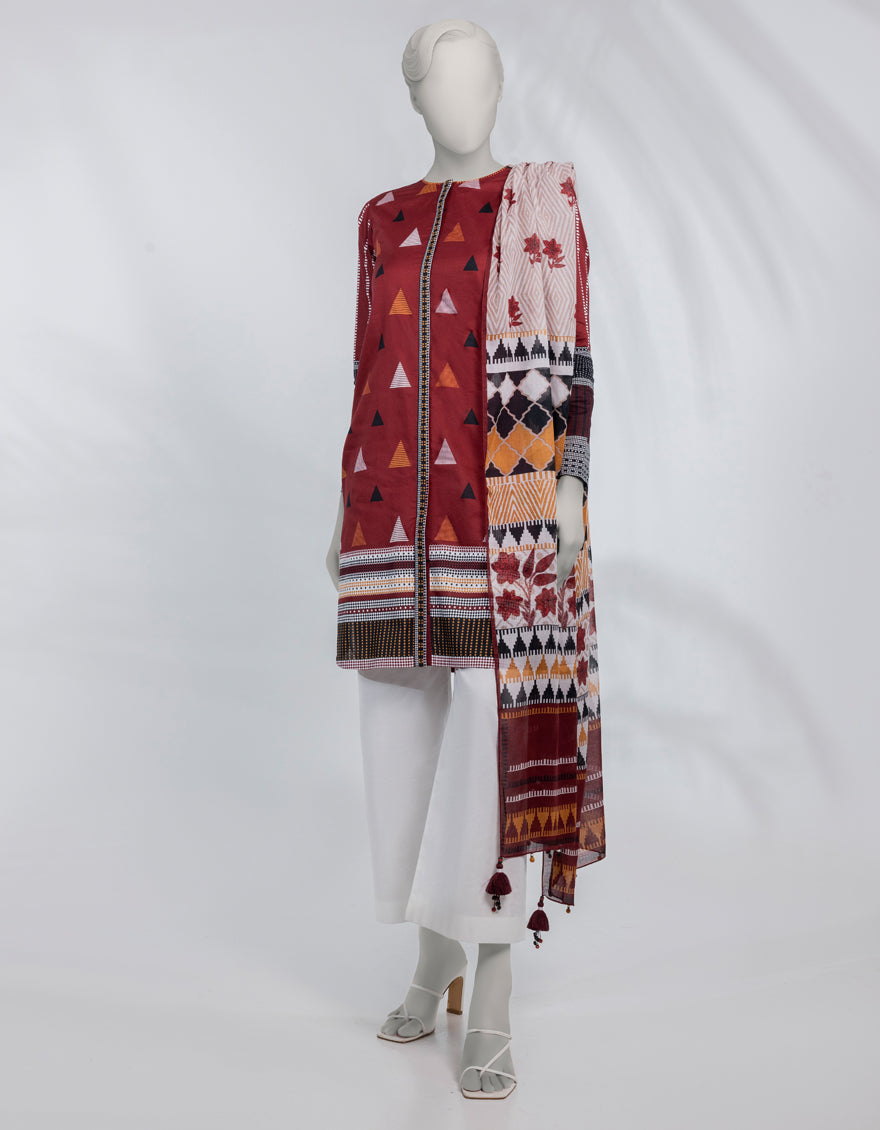 Lawn Red Unstitched Suit - J. Junaid Jamshed