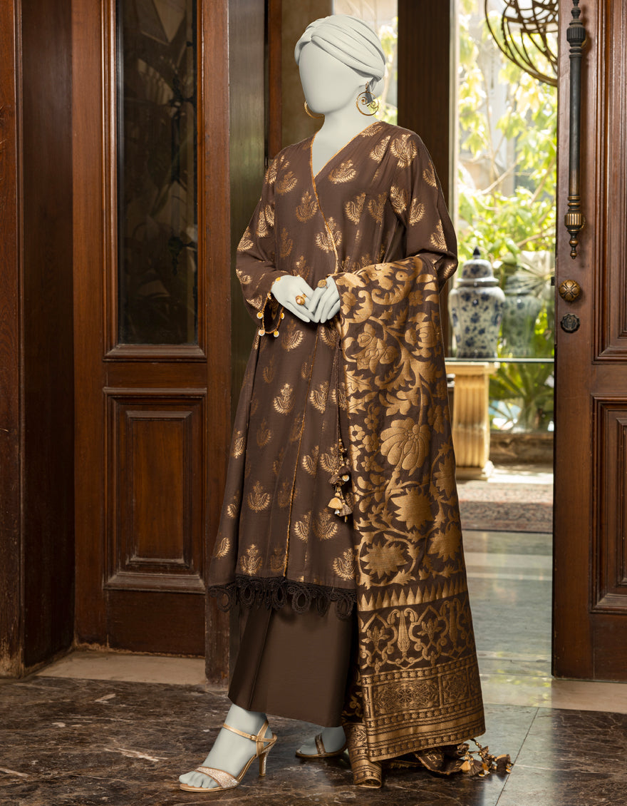 Jacquard Brown Unstitched Suit - J. Junaid Jamshed