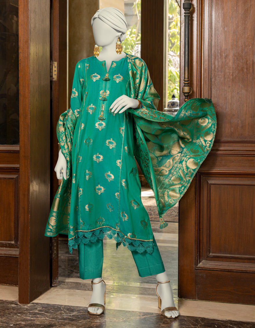 Jacquard Green Unstitched Suit - J. Junaid Jamshed