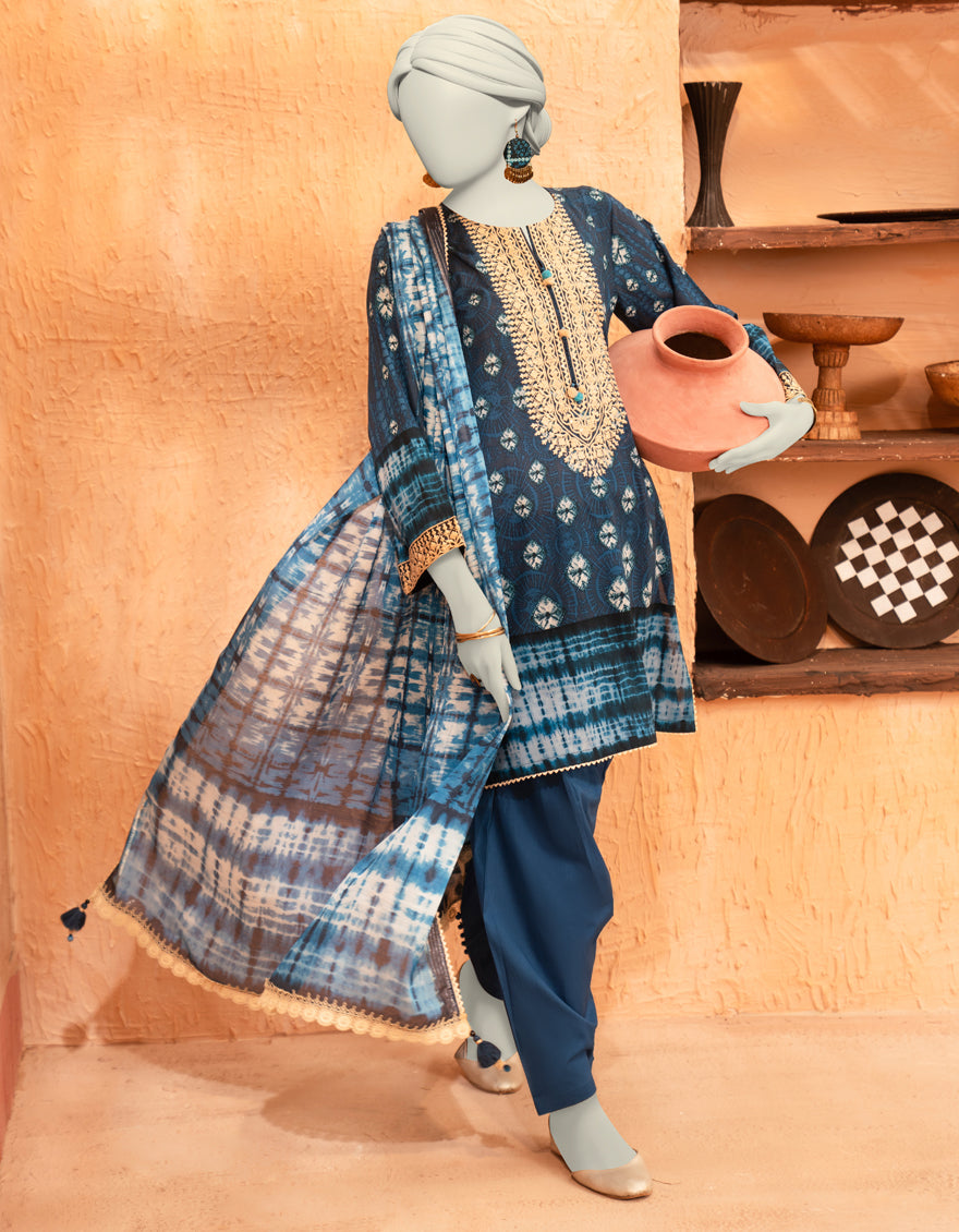 Lawn Blue Unstitched Suit - J. Junaid Jamshed