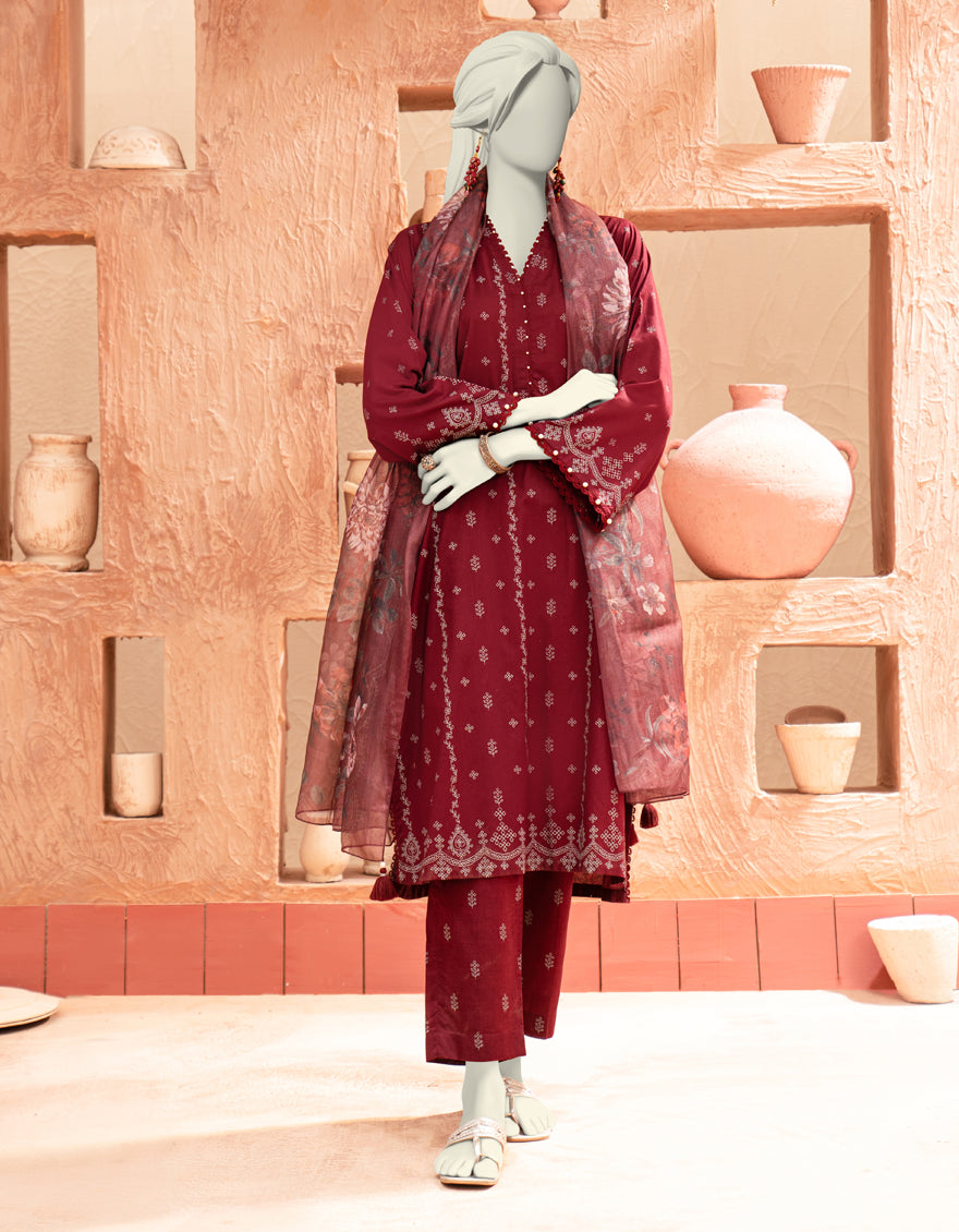 Lawn Maroon Unstitched Suit - J. Junaid Jamshed