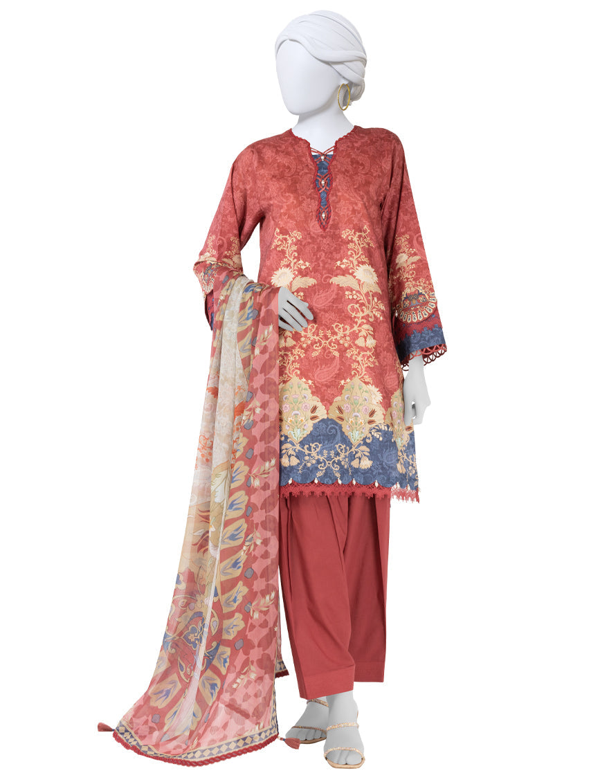 Lawn Red Unstitched Suit - J. Junaid Jamshed