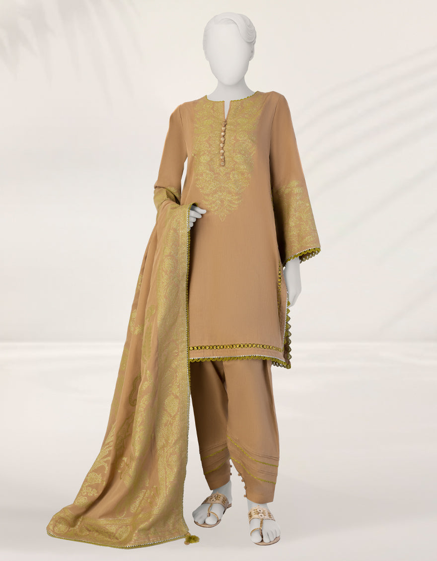 Jacquard Brown Unstitched Suit - J. Junaid Jamshed