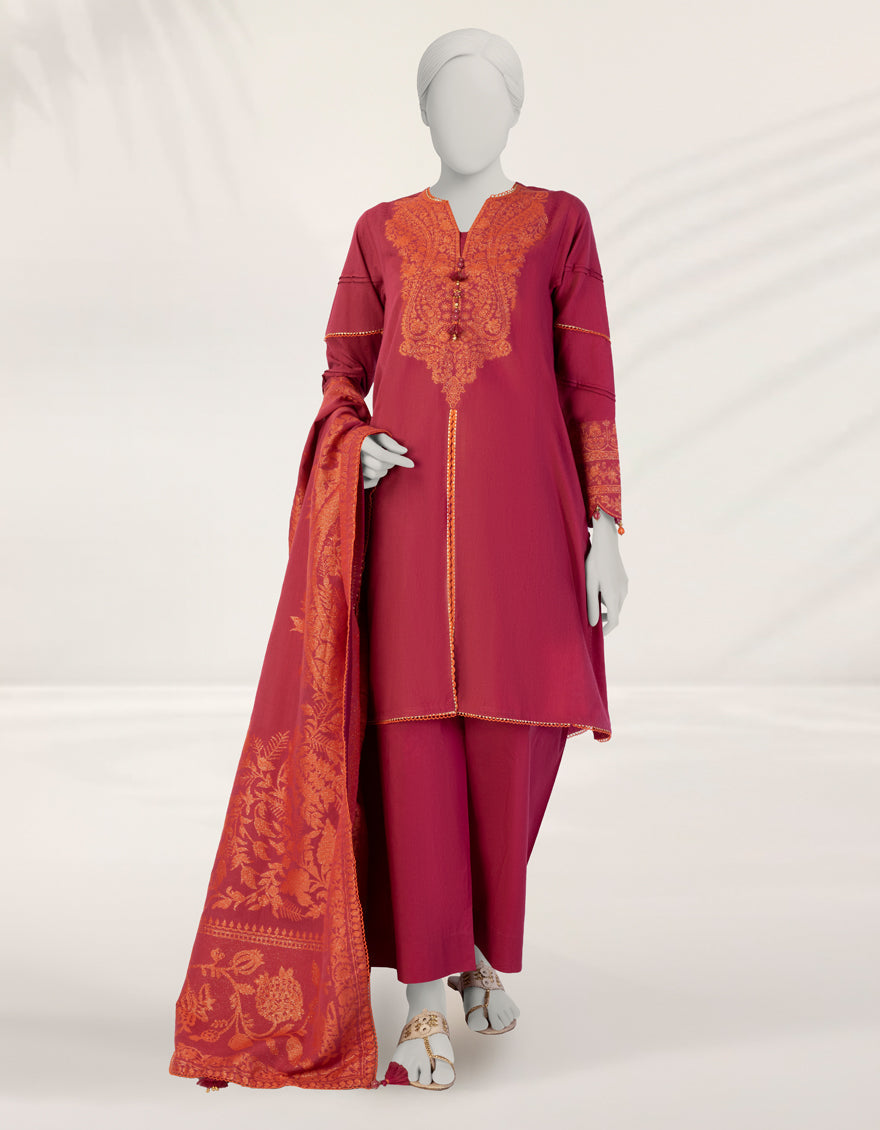 Jacquard Red Unstitched Suit - J. Junaid Jamshed