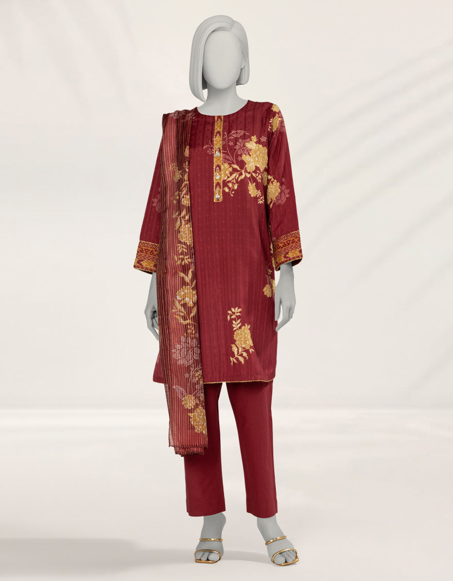 Dooriya Red Unstitched Suit - J. Junaid Jamshed