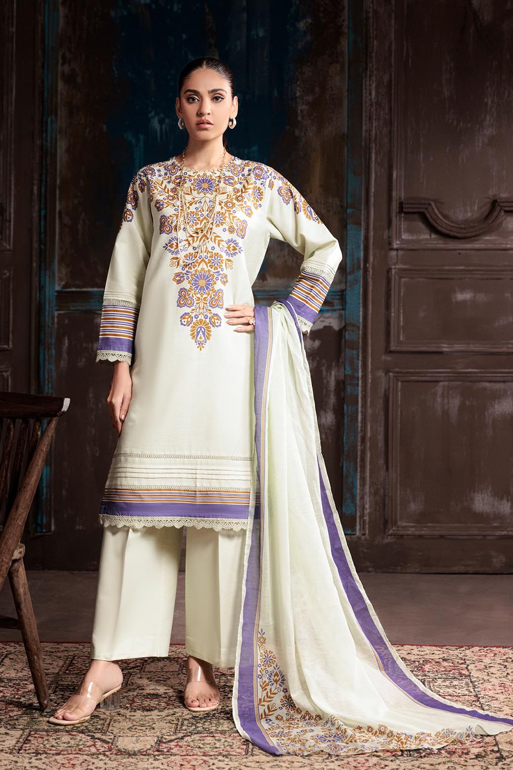 Textured Cambric Mint Green Unstitched Suit - Bonanza