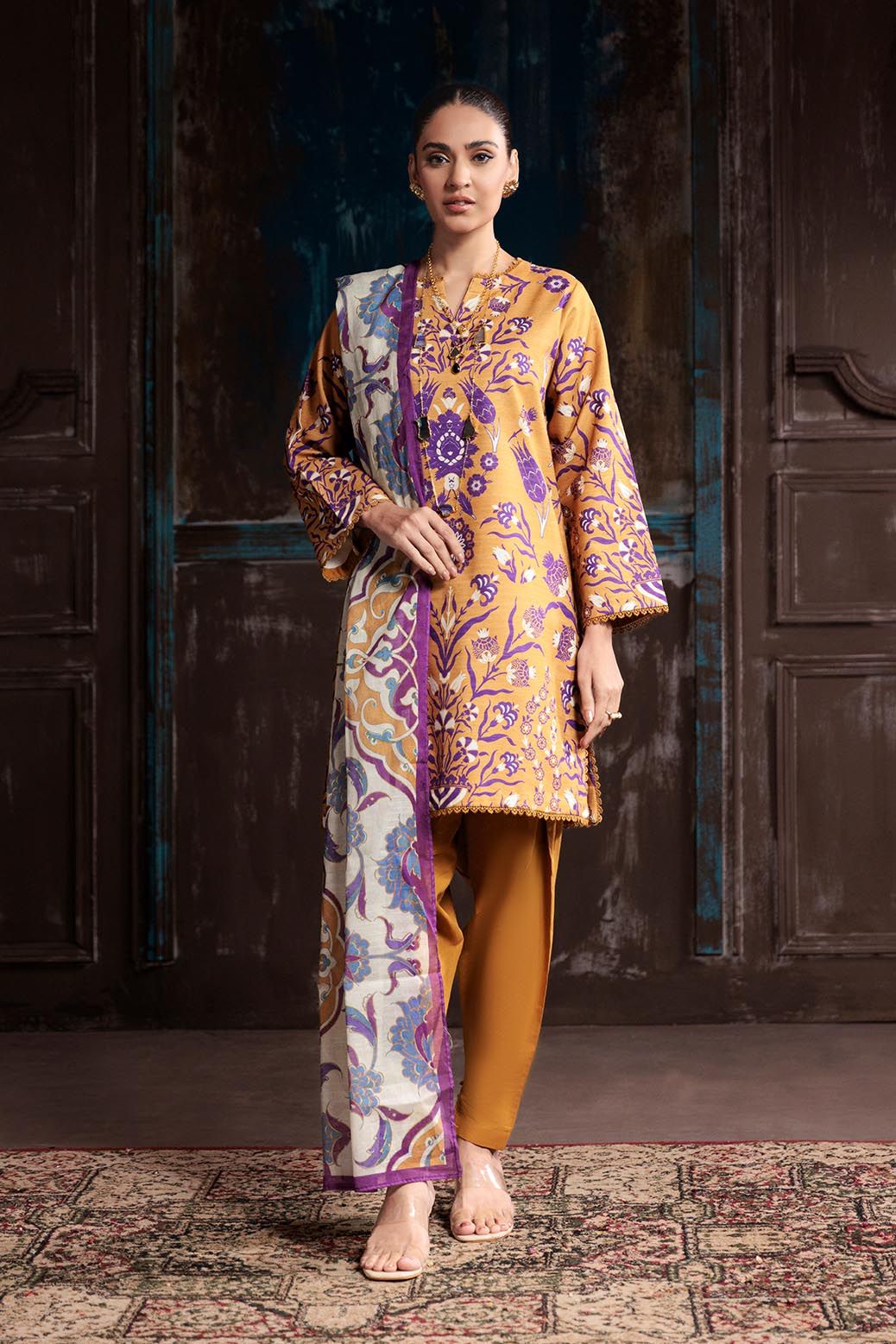 Textured Cambric Mustard Unstitched Suit - Bonanza