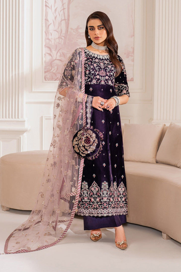 Embroidered Velvet Dark Purple Stitched Suit - Baroque