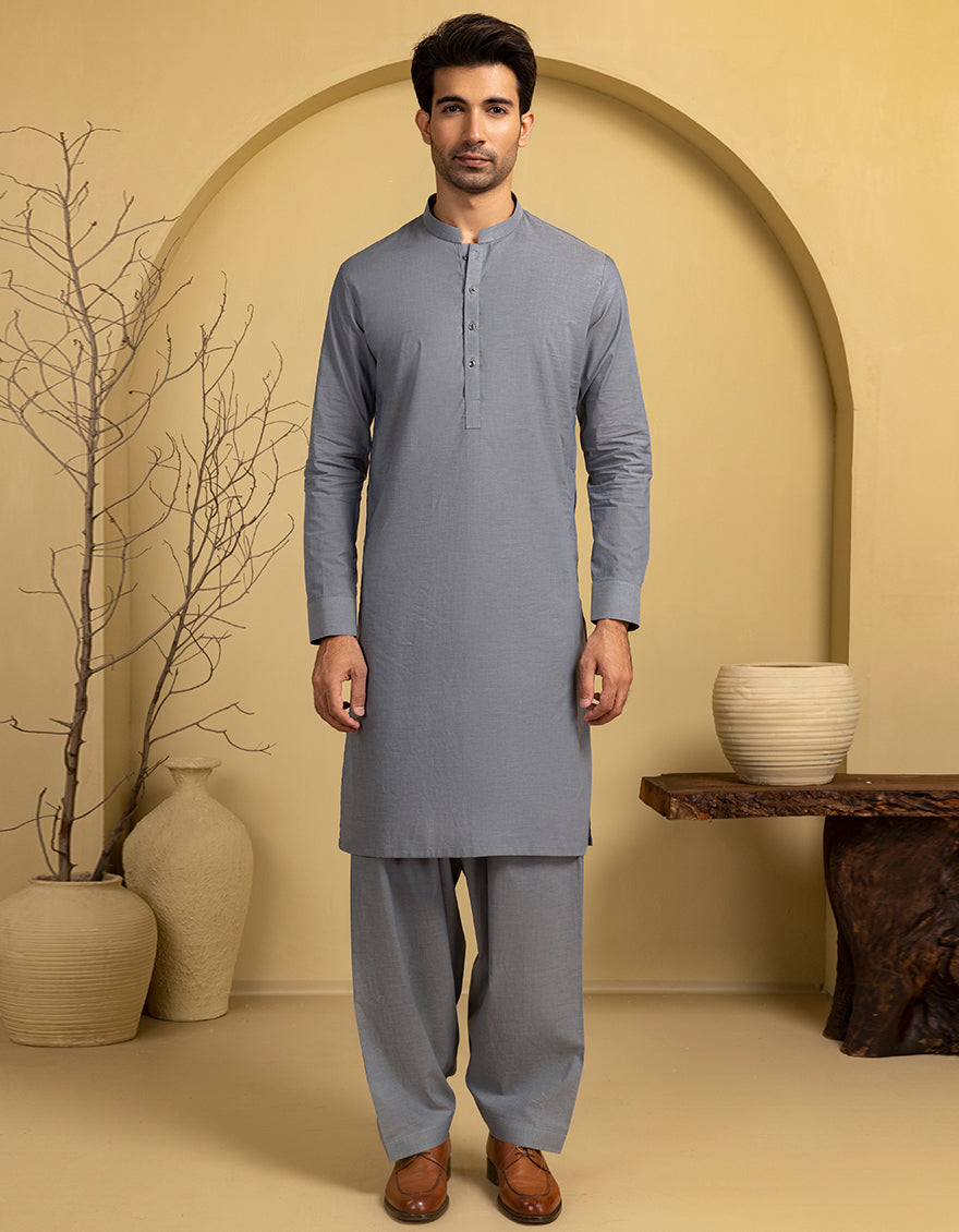 Blended Grey Unstitched Suit - J. Junaid Jamshed
