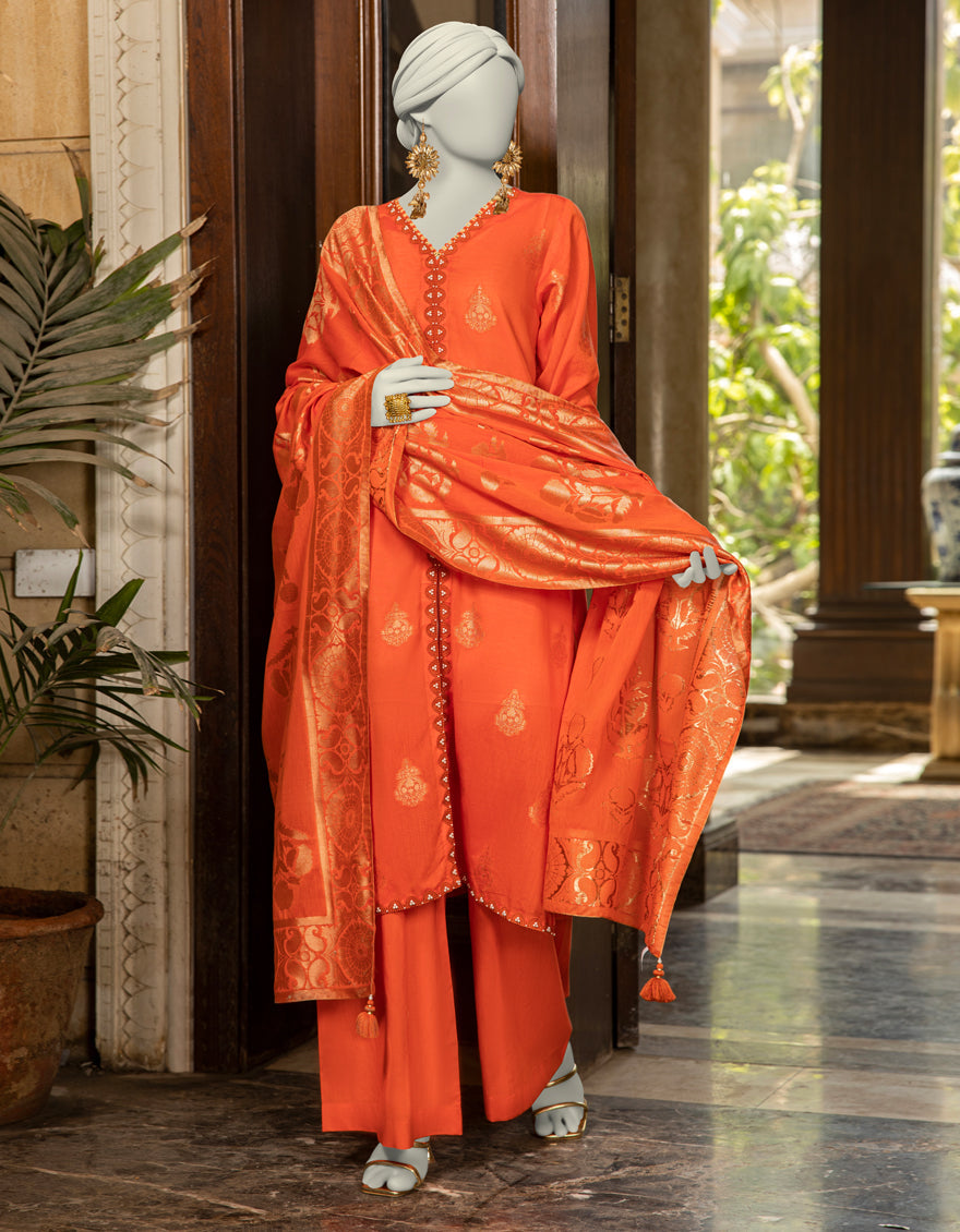 Jacquard Orange Unstitched Suit - J. Junaid Jamshed