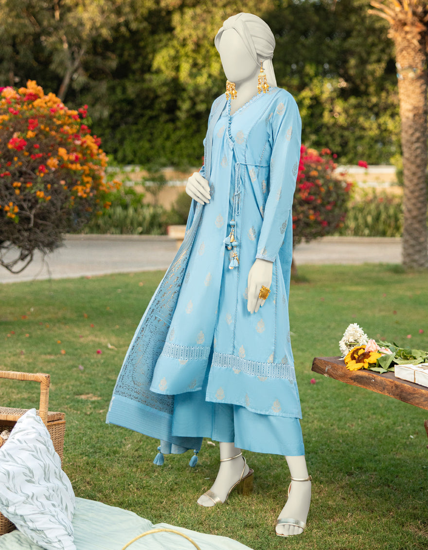Jacquard Blue Unstitched Suit - J. Junaid Jamshed