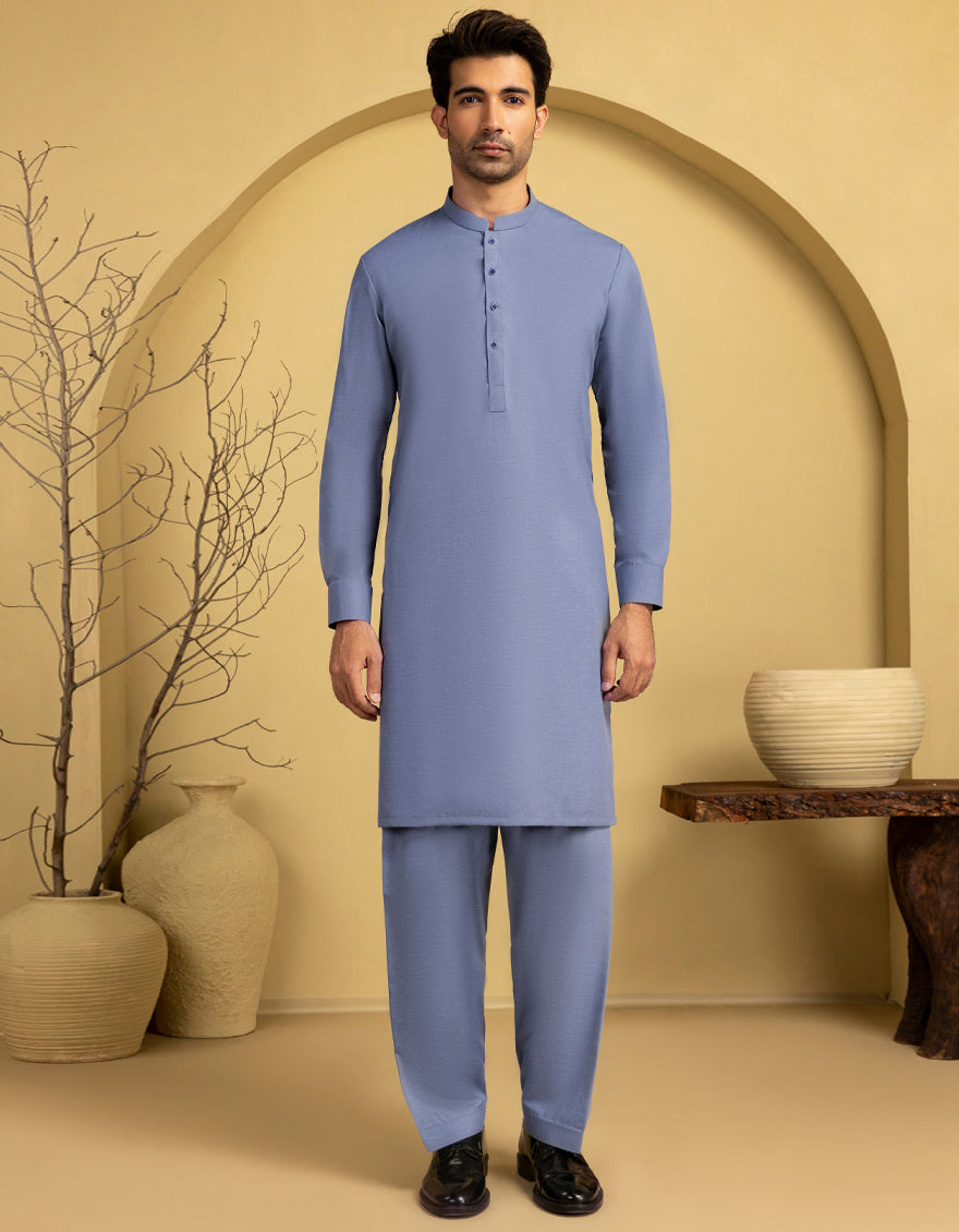 Blended Blue Unstitched Suit - J. Junaid Jamshed