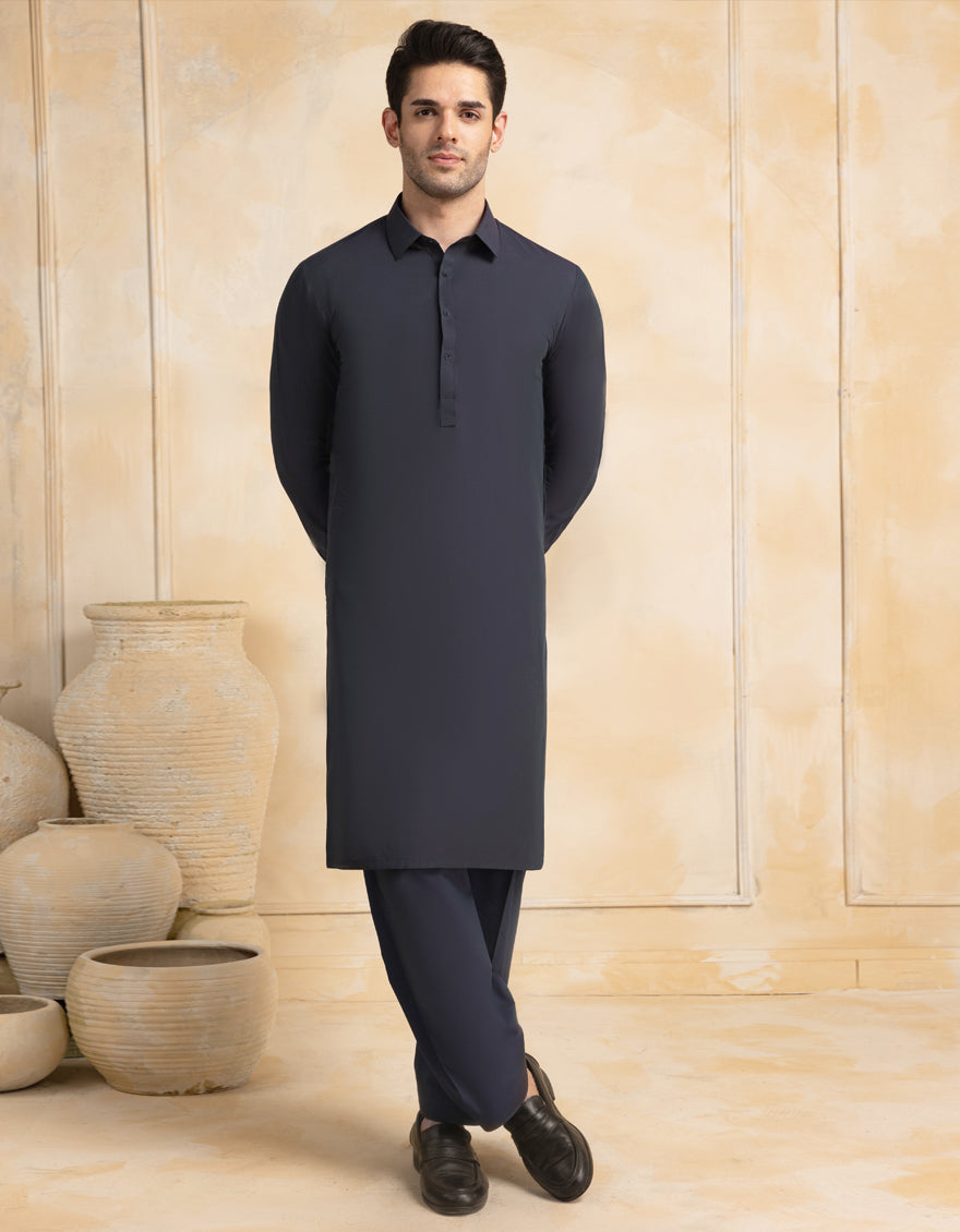 Blended Blue Unstitched Suit - J. Junaid Jamshed