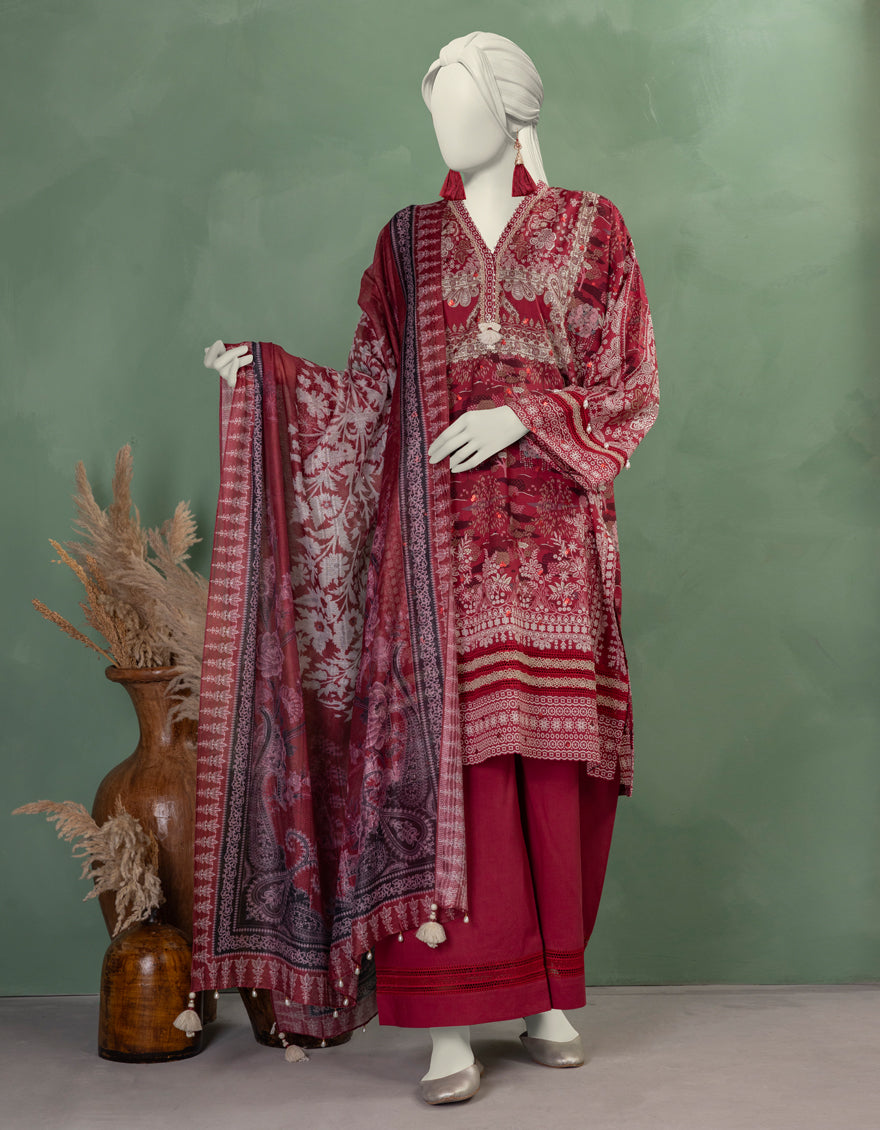 Lawn Red Unstitched Suit - J. Junaid Jamshed