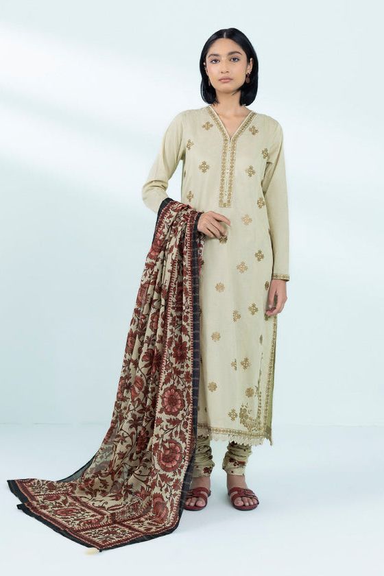 Embroidered Cotton Jacquard Beige Stitched Suit - Sapphire