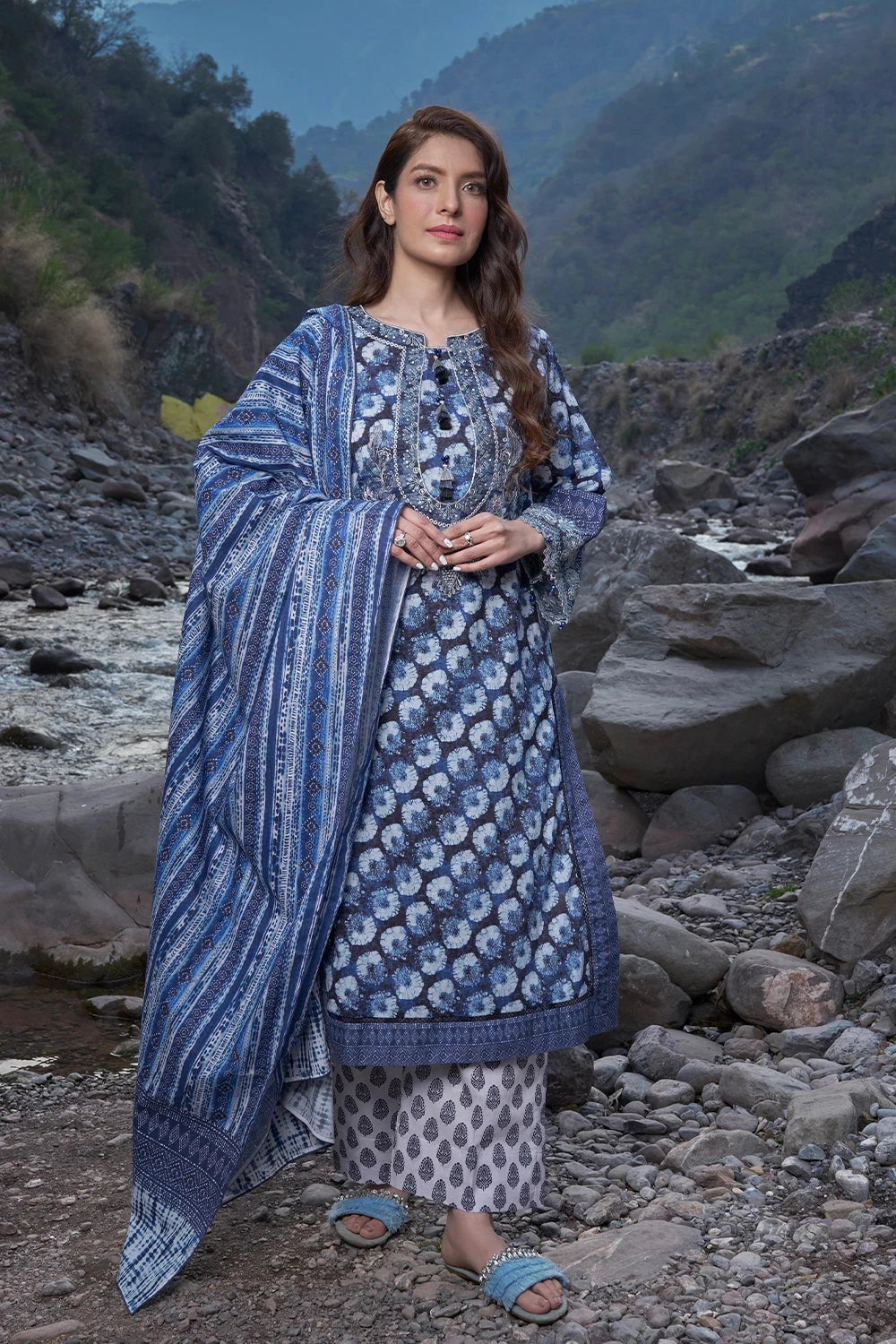Printed Lawn Midnight Blue Stitched Suit Khas – Janan