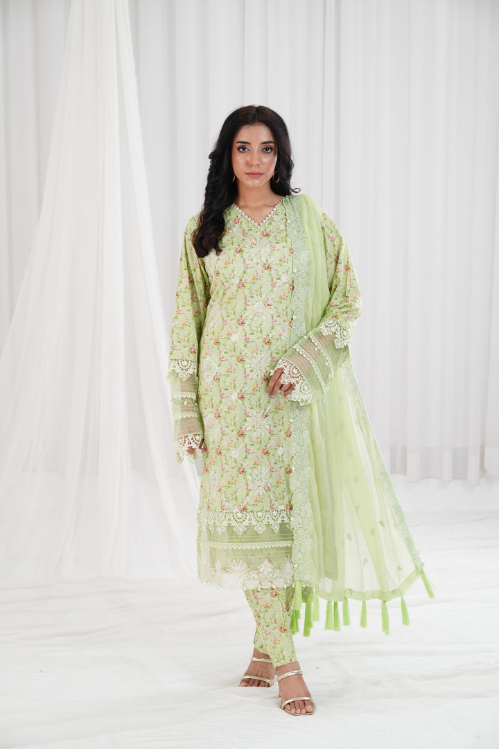 Embroidered Printed Cambric Mint Green Stitched Suit - Nishat