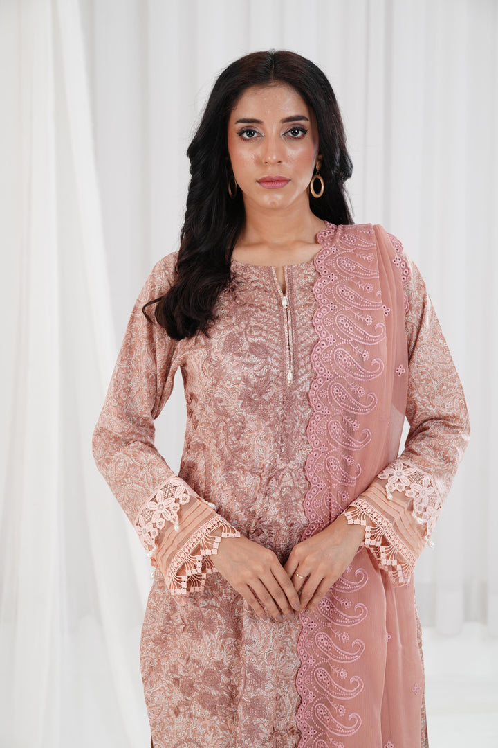Embroidered Printed Cambric Tea Pink Stitched Suit - Nishat