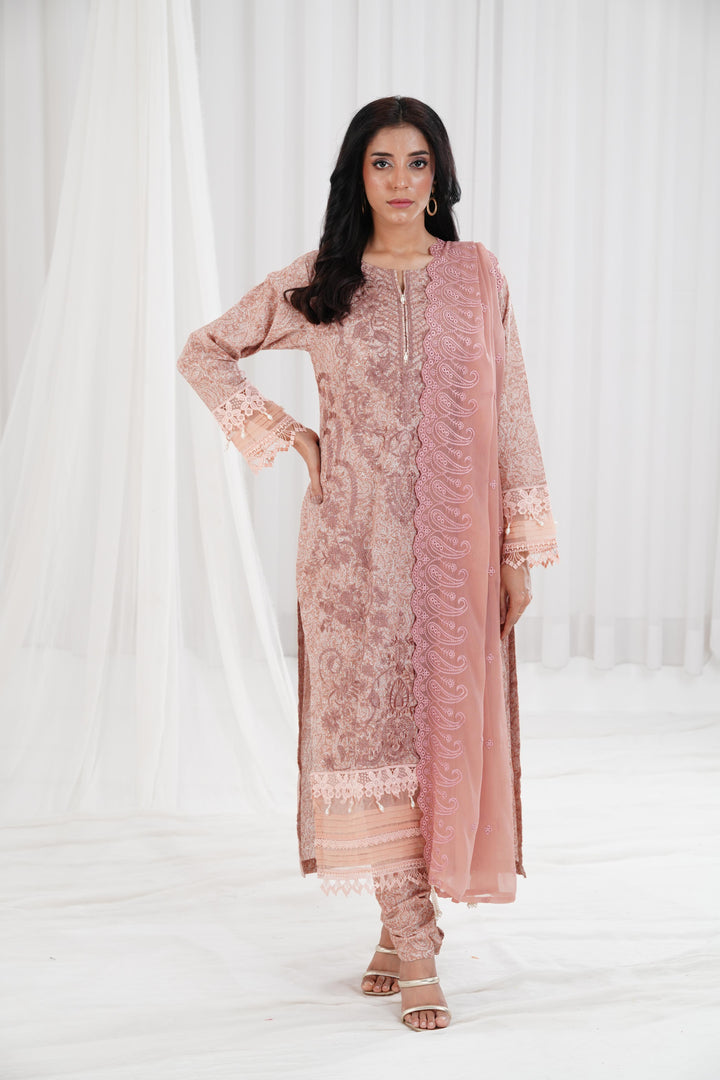 Embroidered Printed Cambric Tea Pink Stitched Suit - Nishat