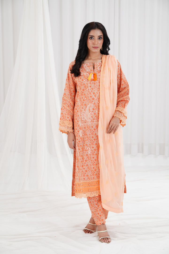 Embroidered Printed Cambric Peach Stitched Suit - Nishat