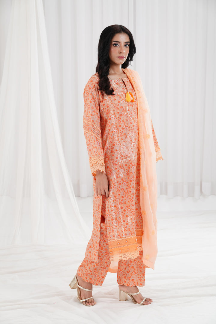 Embroidered Printed Cambric Peach Stitched Suit - Nishat